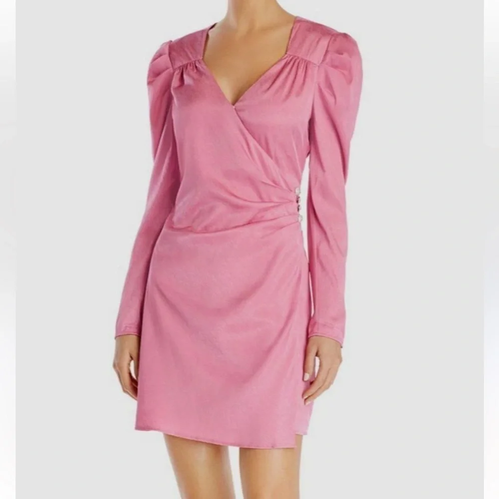 WAYF Womens Pink V-Neck Quinn Puff-Sleeve Faux-Wrap Short Mini Dress Size S NWT